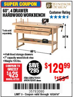 Harbor Freight Coupon 60", 4 DRAWER HARDWOOD WORKBENCH Lot No. 63395/93454/69054/62603 Expired: 10/29/18 - $129.99