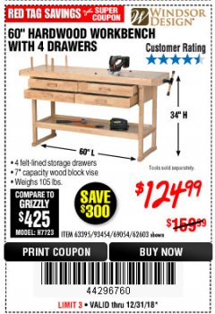 Harbor Freight Coupon 60", 4 DRAWER HARDWOOD WORKBENCH Lot No. 63395/93454/69054/62603 Expired: 12/31/18 - $124.99