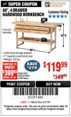 Harbor Freight Coupon 60", 4 DRAWER HARDWOOD WORKBENCH Lot No. 63395/93454/69054/62603 Expired: 3/17/19 - $119.99