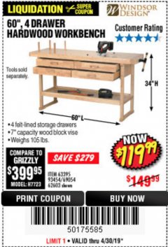 Harbor Freight Coupon 60", 4 DRAWER HARDWOOD WORKBENCH Lot No. 63395/93454/69054/62603 Expired: 4/8/19 - $119.99