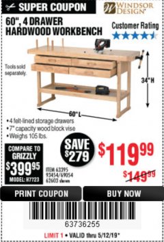 Harbor Freight Coupon 60", 4 DRAWER HARDWOOD WORKBENCH Lot No. 63395/93454/69054/62603 Expired: 5/12/19 - $119.99