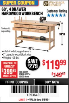 Harbor Freight Coupon 60", 4 DRAWER HARDWOOD WORKBENCH Lot No. 63395/93454/69054/62603 Expired: 6/30/19 - $119.99