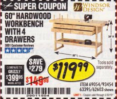 Harbor Freight Coupon 60", 4 DRAWER HARDWOOD WORKBENCH Lot No. 63395/93454/69054/62603 Expired: 6/30/19 - $119.99