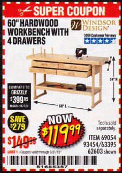 Harbor Freight Coupon 60", 4 DRAWER HARDWOOD WORKBENCH Lot No. 63395/93454/69054/62603 Expired: 8/31/19 - $119.99