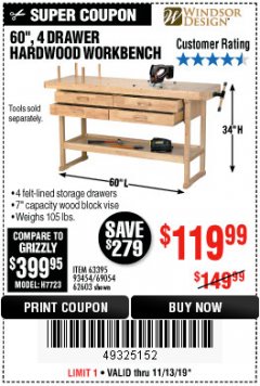 Harbor Freight Coupon 60", 4 DRAWER HARDWOOD WORKBENCH Lot No. 63395/93454/69054/62603 Expired: 11/13/19 - $119.99