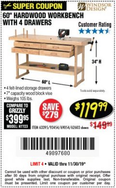 Harbor Freight Coupon 60", 4 DRAWER HARDWOOD WORKBENCH Lot No. 63395/93454/69054/62603 Expired: 11/30/19 - $119.99