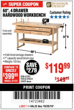 Harbor Freight Coupon 60", 4 DRAWER HARDWOOD WORKBENCH Lot No. 63395/93454/69054/62603 Expired: 10/20/19 - $119.99