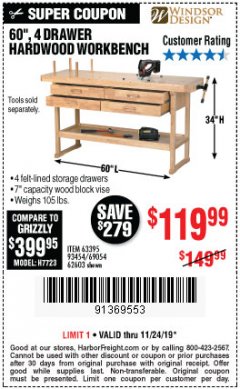 Harbor Freight Coupon 60", 4 DRAWER HARDWOOD WORKBENCH Lot No. 63395/93454/69054/62603 Expired: 11/24/19 - $119.99