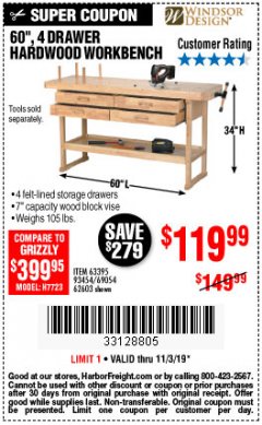 Harbor Freight Coupon 60", 4 DRAWER HARDWOOD WORKBENCH Lot No. 63395/93454/69054/62603 Expired: 11/3/19 - $119.99