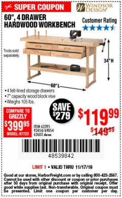 Harbor Freight Coupon 60", 4 DRAWER HARDWOOD WORKBENCH Lot No. 63395/93454/69054/62603 Expired: 11/17/19 - $119.99