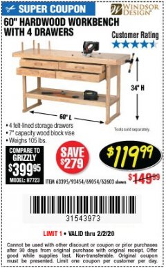 Harbor Freight Coupon 60", 4 DRAWER HARDWOOD WORKBENCH Lot No. 63395/93454/69054/62603 Expired: 2/2/20 - $119.99