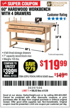 Harbor Freight Coupon 60", 4 DRAWER HARDWOOD WORKBENCH Lot No. 63395/93454/69054/62603 Expired: 4/1/20 - $119.99