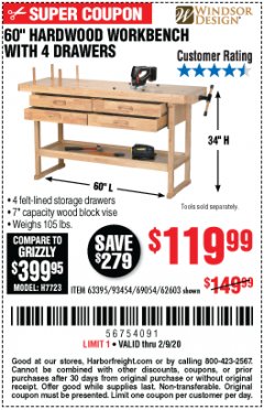 Harbor Freight Coupon 60", 4 DRAWER HARDWOOD WORKBENCH Lot No. 63395/93454/69054/62603 Expired: 2/9/20 - $119.99