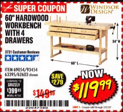 Harbor Freight Coupon 60", 4 DRAWER HARDWOOD WORKBENCH Lot No. 63395/93454/69054/62603 Expired: 3/31/20 - $119.99