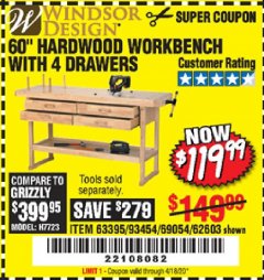 Harbor Freight Coupon 60", 4 DRAWER HARDWOOD WORKBENCH Lot No. 63395/93454/69054/62603 Expired: 6/30/20 - $119.99