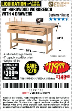 Harbor Freight Coupon 60", 4 DRAWER HARDWOOD WORKBENCH Lot No. 63395/93454/69054/62603 Expired: 3/31/20 - $119.99