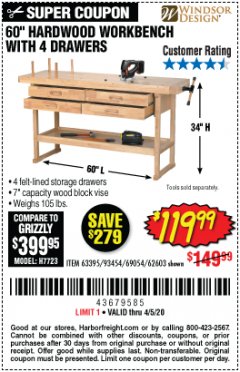 Harbor Freight Coupon 60", 4 DRAWER HARDWOOD WORKBENCH Lot No. 63395/93454/69054/62603 Expired: 6/30/20 - $119.99