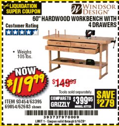 Harbor Freight Coupon 60", 4 DRAWER HARDWOOD WORKBENCH Lot No. 63395/93454/69054/62603 Expired: 6/30/20 - $119.99