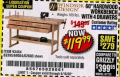 Harbor Freight Coupon 60", 4 DRAWER HARDWOOD WORKBENCH Lot No. 63395/93454/69054/62603 Expired: 6/30/20 - $119.99