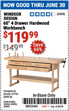 Harbor Freight Coupon 60", 4 DRAWER HARDWOOD WORKBENCH Lot No. 63395/93454/69054/62603 Expired: 6/30/20 - $119.99