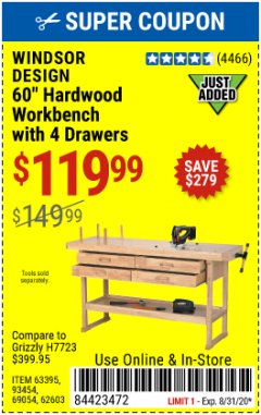 Harbor Freight Coupon 60", 4 DRAWER HARDWOOD WORKBENCH Lot No. 63395/93454/69054/62603 Expired: 8/31/20 - $119.99