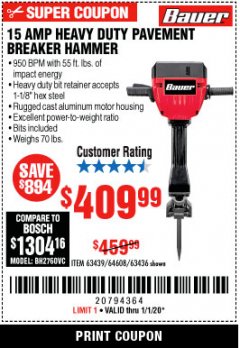 Harbor Freight Coupon BAUER 15 AMP 70 LB. PRO BREAKER HAMMER Lot No. 63439/63436/64608 Expired: 1/1/20 - $409.99