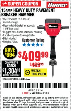 Harbor Freight Coupon BAUER 15 AMP 70 LB. PRO BREAKER HAMMER Lot No. 63439/63436/64608 Expired: 3/1/20 - $409.99