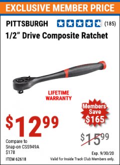 Harbor Freight ITC Coupon PITTSBURGH PRO 1/2 IN. DRIVE COMPOSITE RATCHET Lot No. 62618 Expired: 9/30/20 - $12.99