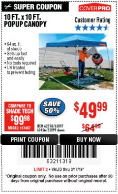 Harbor Freight Coupon COVERPRO 10 FT. X 10 FT. POPUP CANOPY Lot No. 62898/62897/62899/69456 Expired: 3/17/19 - $49.99