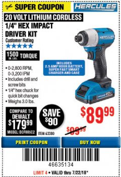 Harbor Freight Coupon HERCULES 20 VOLT LITHIUM CORDLESS 1/4" HEX IMPACT DRIVER KIT Lot No. 63380 Expired: 7/22/18 - $89.99