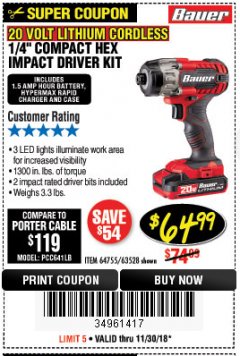 Harbor Freight Coupon HERCULES 20 VOLT LITHIUM CORDLESS 1/4" HEX IMPACT DRIVER KIT Lot No. 63380 Expired: 11/30/18 - $64.99
