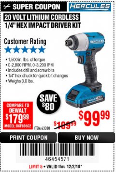 Harbor Freight Coupon HERCULES 20 VOLT LITHIUM CORDLESS 1/4" HEX IMPACT DRIVER KIT Lot No. 63380 Expired: 12/2/18 - $99.99