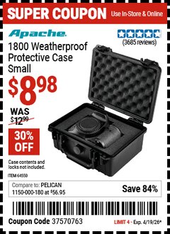 Harbor Freight Coupon APACHE 1800 WEATHERPROOF PROTECTIVE CASE, SMALL, BLACK Lot No. 64550 Valid Thru: 4/19/26 - $8.98
