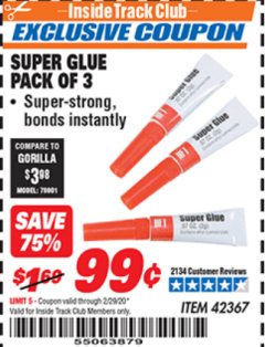 Harbor Freight ITC Coupon SUPER GLUE PACK OF 3 Lot No. 42367 Expired: 2/29/20 - $0.99