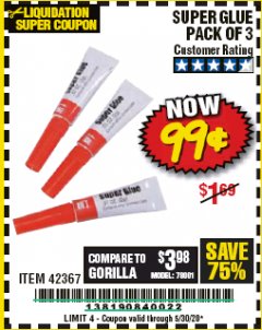 Harbor Freight Coupon SUPER GLUE PACK OF 3 Lot No. 42367 Expired: 6/30/20 - $0.99