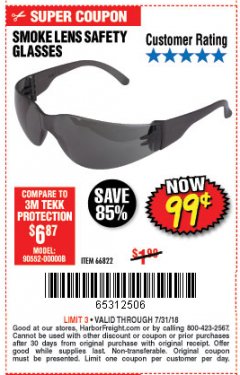 Harbor Freight Coupon UV SAFETY GLASSES WITH SMOKE LENSES Lot No. 66822 Expired: 7/31/18 - $0.99