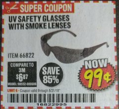 Harbor Freight Coupon UV SAFETY GLASSES WITH SMOKE LENSES Lot No. 66822 Expired: 8/31/18 - $0.99