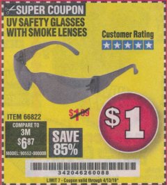 Harbor Freight Coupon UV SAFETY GLASSES WITH SMOKE LENSES Lot No. 66822 Expired: 4/13/19 - $1