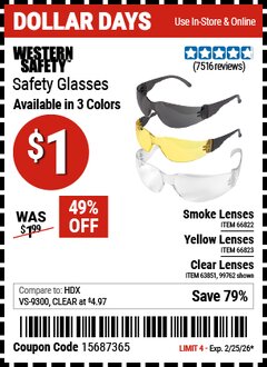 Harbor Freight Coupon WESTERN SAFETY SAFETY GLASSES Lot No. 66822/66823/99762/63851 Valid Thru: 2/25/26 - $1