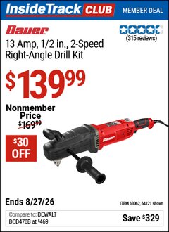 Harbor Freight Coupon BAUER 13 AMP, 1/2 IN., 2-SPEED RIGHT-ANGLE DRILL KIT Lot No. 64121/63062 Valid: 12/31/69 - 8/27/26 - $139.99