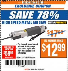 Harbor Freight ITC Coupon HIGH SPEED METAL SAW Lot No. 60568/62541/91753 Expired: 10/30/18 - $12.99
