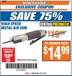 Harbor Freight ITC Coupon HIGH SPEED METAL SAW Lot No. 60568/62541/91753 Expired: 12/11/18 - $14.99