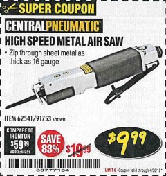 Harbor Freight Coupon HIGH SPEED METAL SAW Lot No. 60568/62541/91753 Expired: 4/30/19 - $9.99