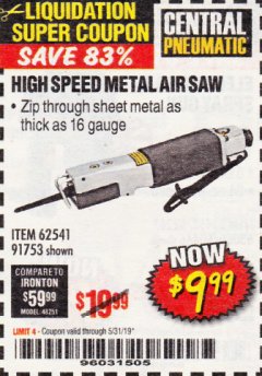 Harbor Freight Coupon HIGH SPEED METAL SAW Lot No. 60568/62541/91753 Expired: 5/31/19 - $9.99