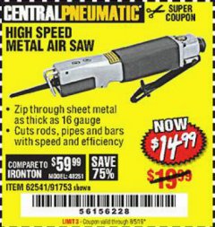 Harbor Freight Coupon HIGH SPEED METAL SAW Lot No. 60568/62541/91753 Expired: 6/5/19 - $14.99