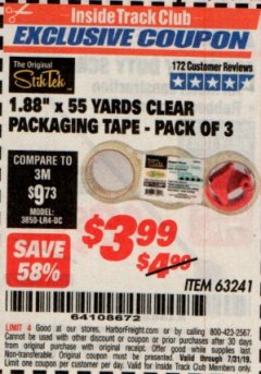 Harbor Freight ITC Coupon 1.88" X 55 YARD CLEAR PACKAGING TAPE PACK OF 3 Lot No. 63241 Expired: 7/31/19 - $3.99