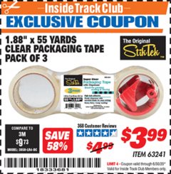 Harbor Freight ITC Coupon 1.88" X 55 YARD CLEAR PACKAGING TAPE PACK OF 3 Lot No. 63241 Expired: 6/30/20 - $3.99