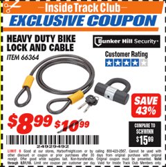 Harbor Freight ITC Coupon HEAVY DUTY BIKE LOCK AND CABLE  Lot No. 66364 Expired: 8/31/18 - $8.99