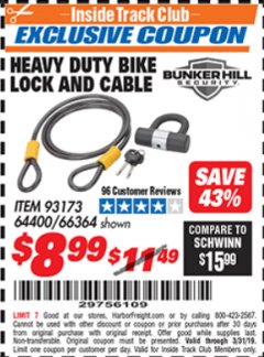 Harbor Freight ITC Coupon HEAVY DUTY BIKE LOCK AND CABLE  Lot No. 66364 Expired: 3/31/19 - $8.99