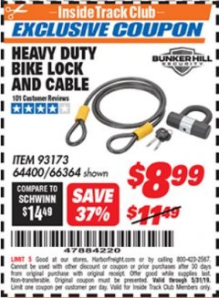 Harbor Freight ITC Coupon HEAVY DUTY BIKE LOCK AND CABLE  Lot No. 66364 Expired: 5/31/19 - $8.99